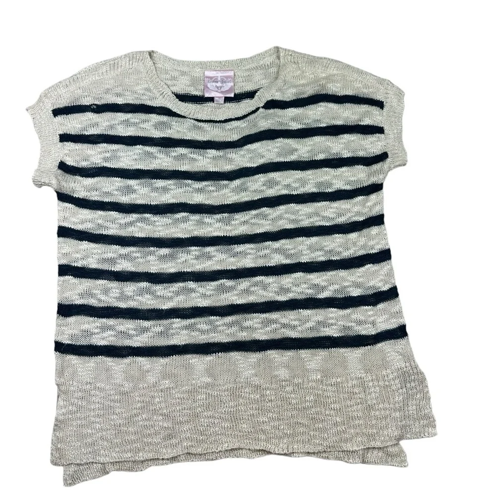 ROMEO & JULIET COUTURE: White & Navy Blue Striped Short Sleeve Sweater -Size Med